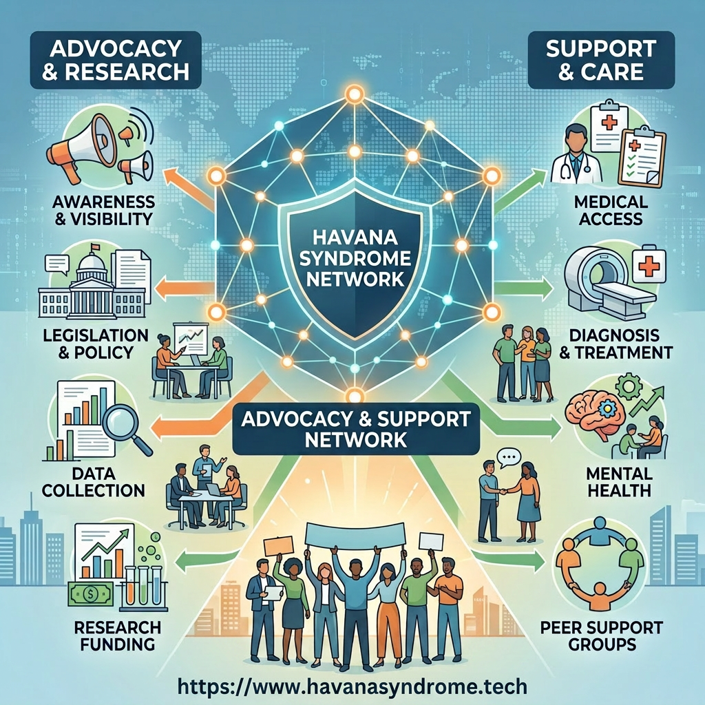 Diagram of Havana Syndrome Network linking advocacy, research, support, and care activities